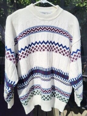 Vintage 90s Club International Geometric Knit Sweater Cream Multicolor Size L